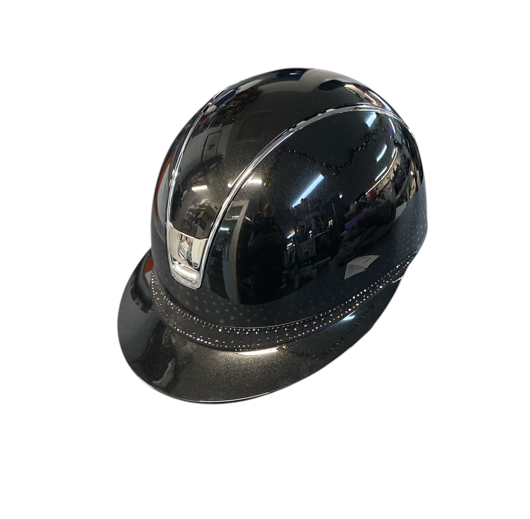 Black helmet with a reflective surface on a white background