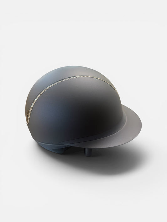Navy riding helmet with silver trim on a white background