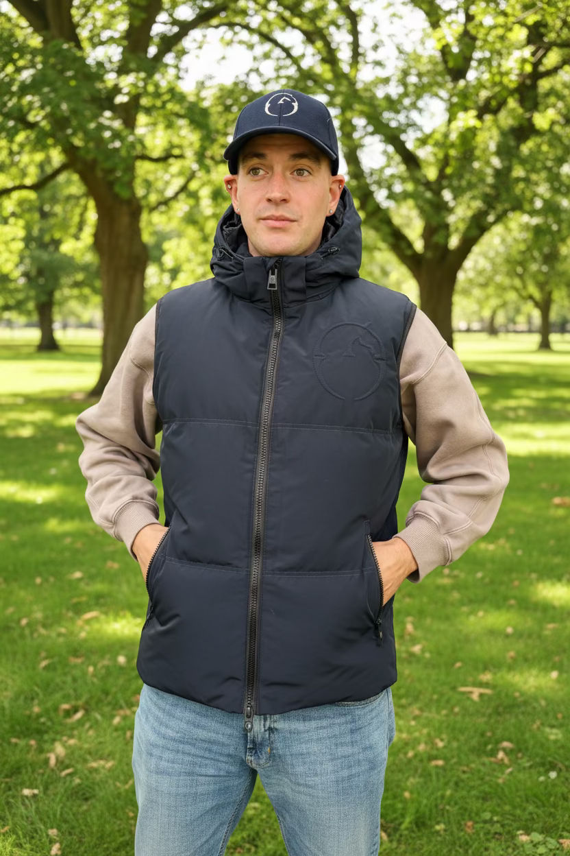 A man wearing a dark gray zip-up puffer vest over a beige and gray long-sleeve shirt, blue jeans, and a black cap, standing inside a tent-like stall with tack and chairs in the background.