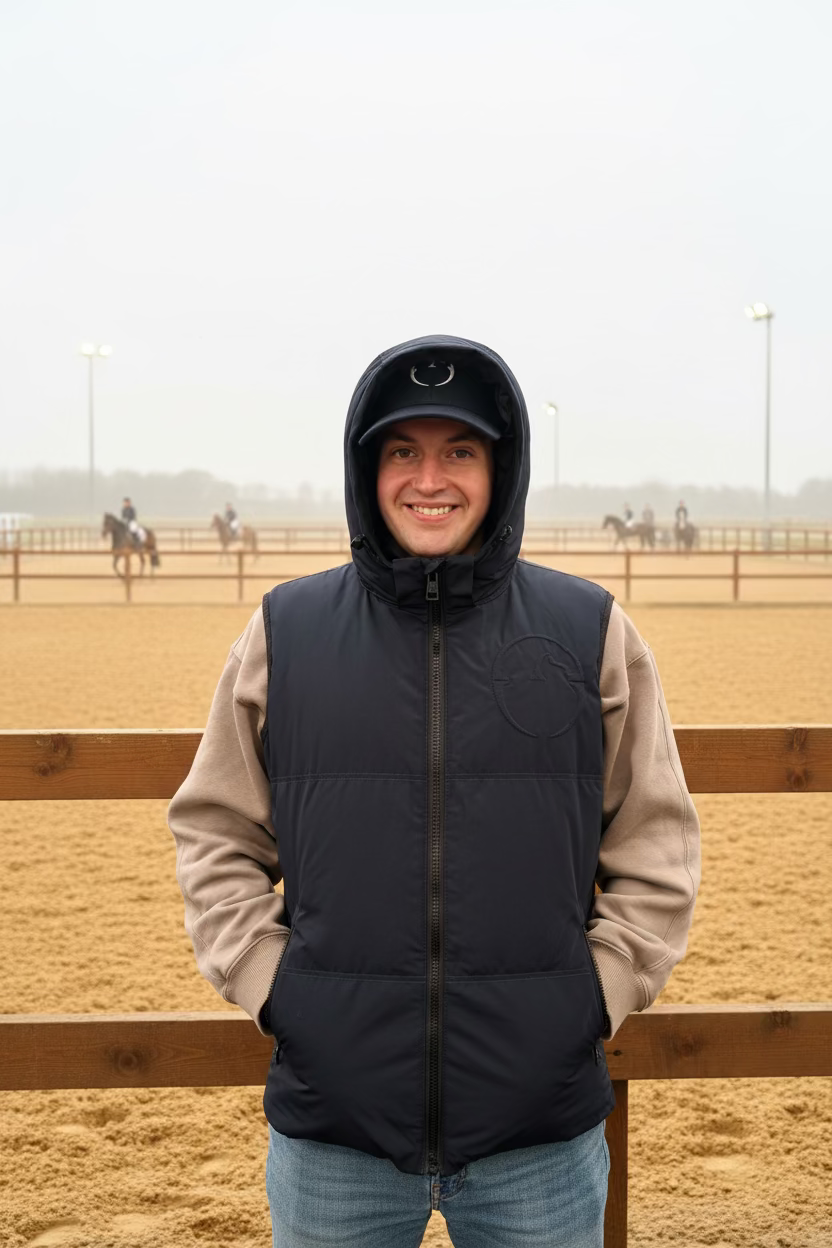 A man wearing a dark gray zip-up puffer vest over a beige hoodie stands inside a tent-like stall with horse tack and chairs in the background.