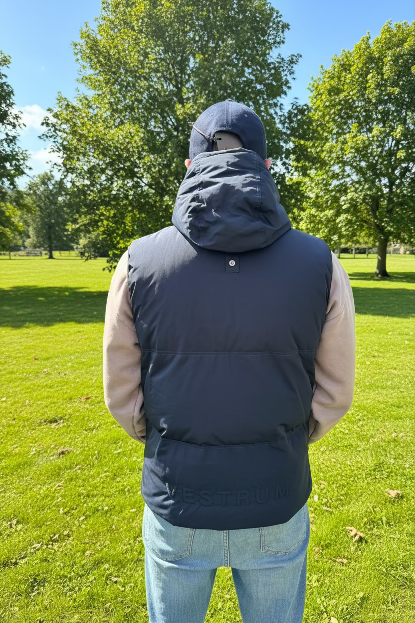 A person viewed from behind wearing a dark gray puffer vest with a hood over a beige and navy jacket, standing in front of a tent setup with branded boomerang jackets and an orange folding chair.