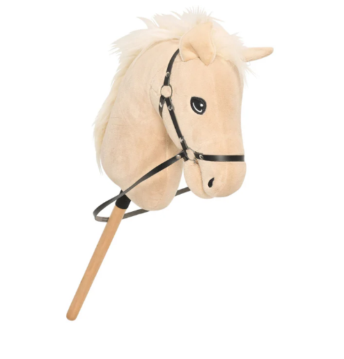 Plush toy horse with a wooden stick on a white background