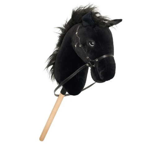 Black plush horse with a wooden stick on a white background