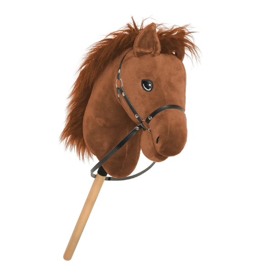 Brown plush horse head with a wooden stick on a white background
