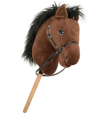 Plush horse head with a wooden stick on a white background
