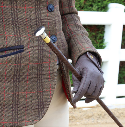 Person wearing a tweed jacket and gloves holding a riding crop outdoors.
