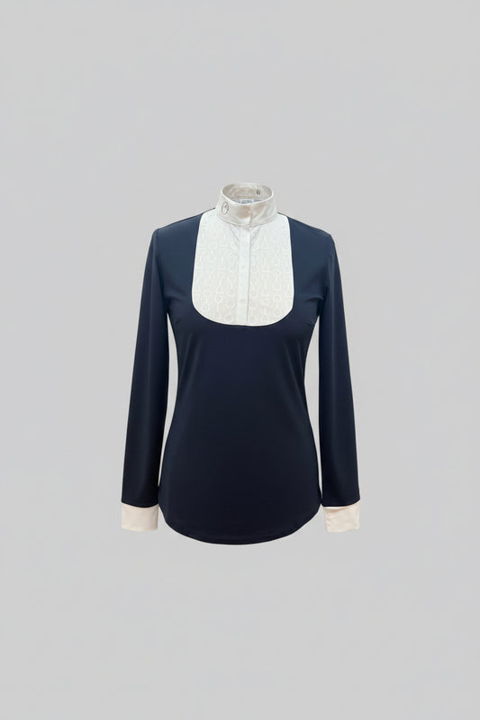 A navy blue long-sleeve top with a contrasting white mock neck and white cuffs, displayed on a mannequin torso in a clothing store.