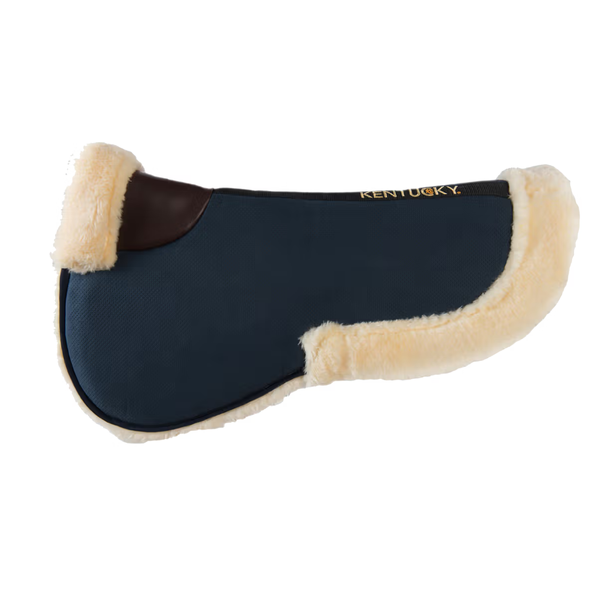 Navy blue saddle pad with beige fleece on a white background