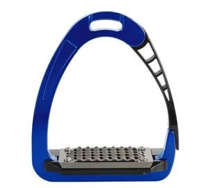 Blue equestrian stirrup with metallic tread on a white background