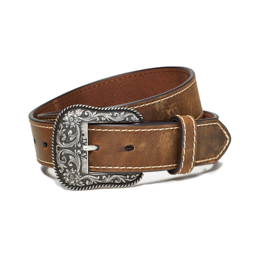 Brown leather belt with silver buckle on a white background