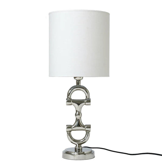 Silver bit lampstand with white lampshade