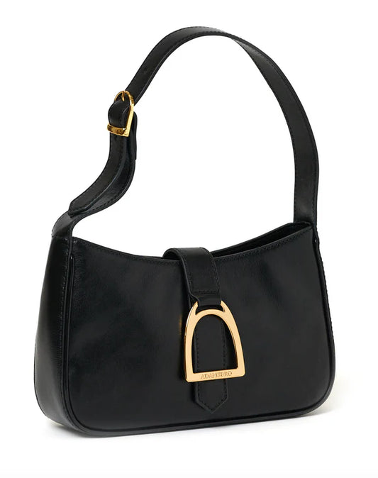 Black handbag with gold hardware on a white background