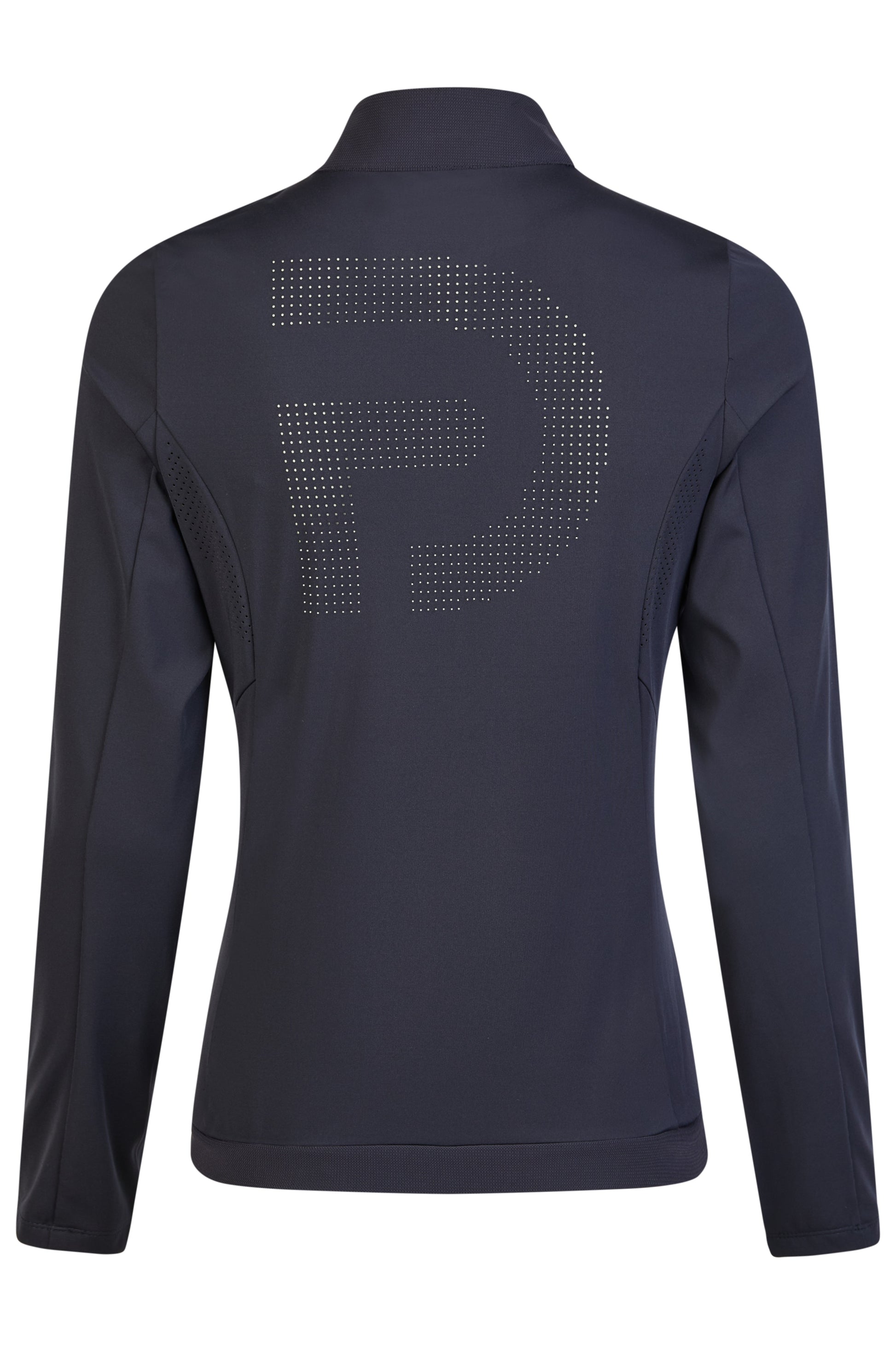 Navy blue jacket with a large 'P' logo on the back against a white background