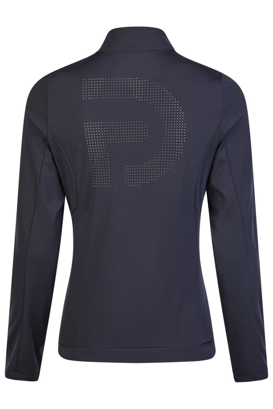 Navy blue jacket with a large 'P' logo on the back against a white background