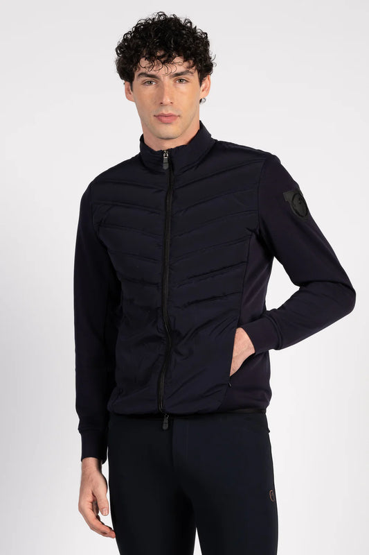 Man wearing a navy jacket and pants on a white background