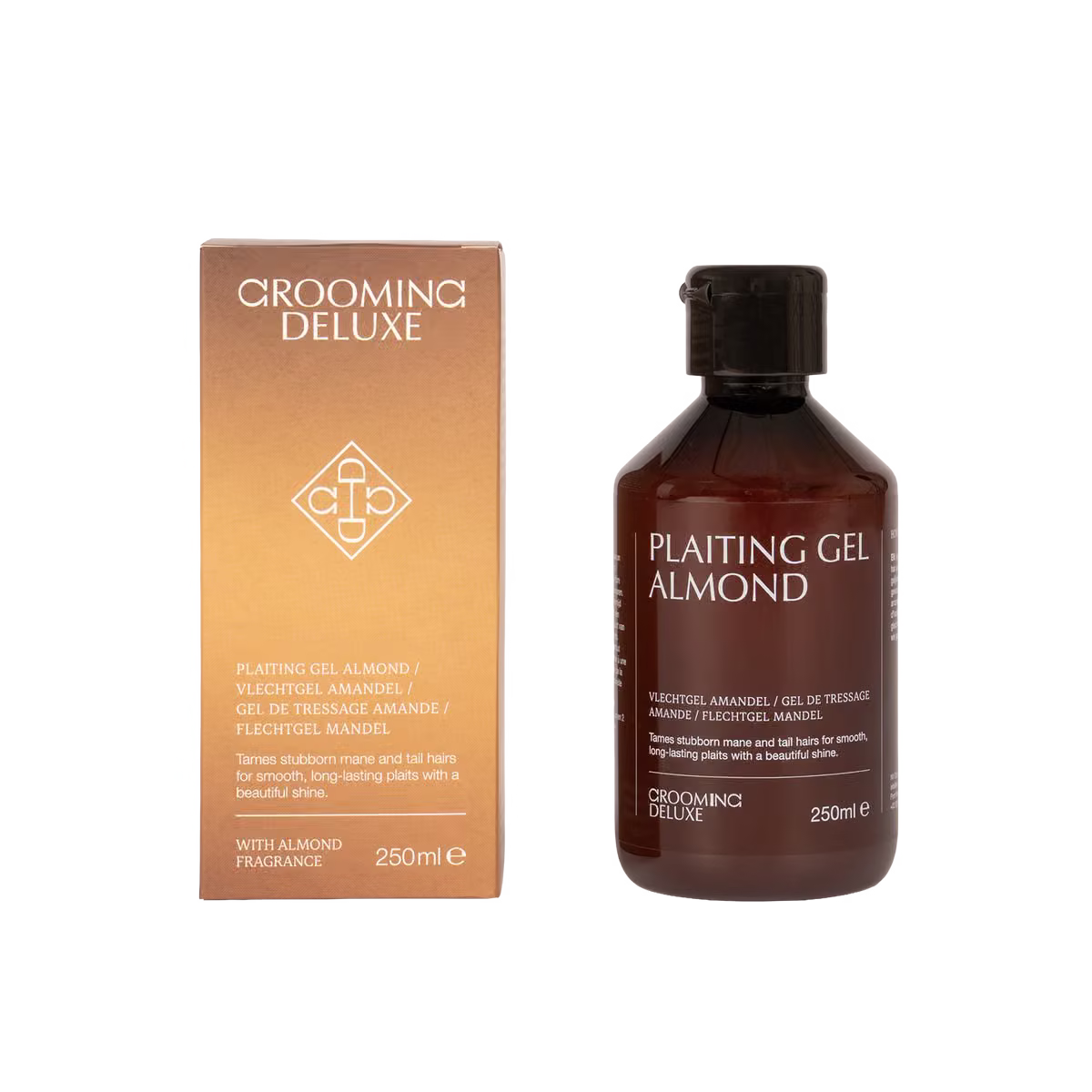 Grooming Deluxe Plaiting Gel Almond 250ml bottle next to its metallic bronze packaging box, shown on a plain white background.