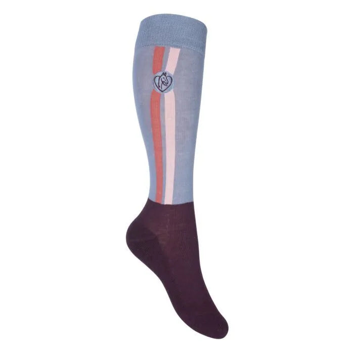 Knee-high sock with a blue, red, and white striped pattern on a white background