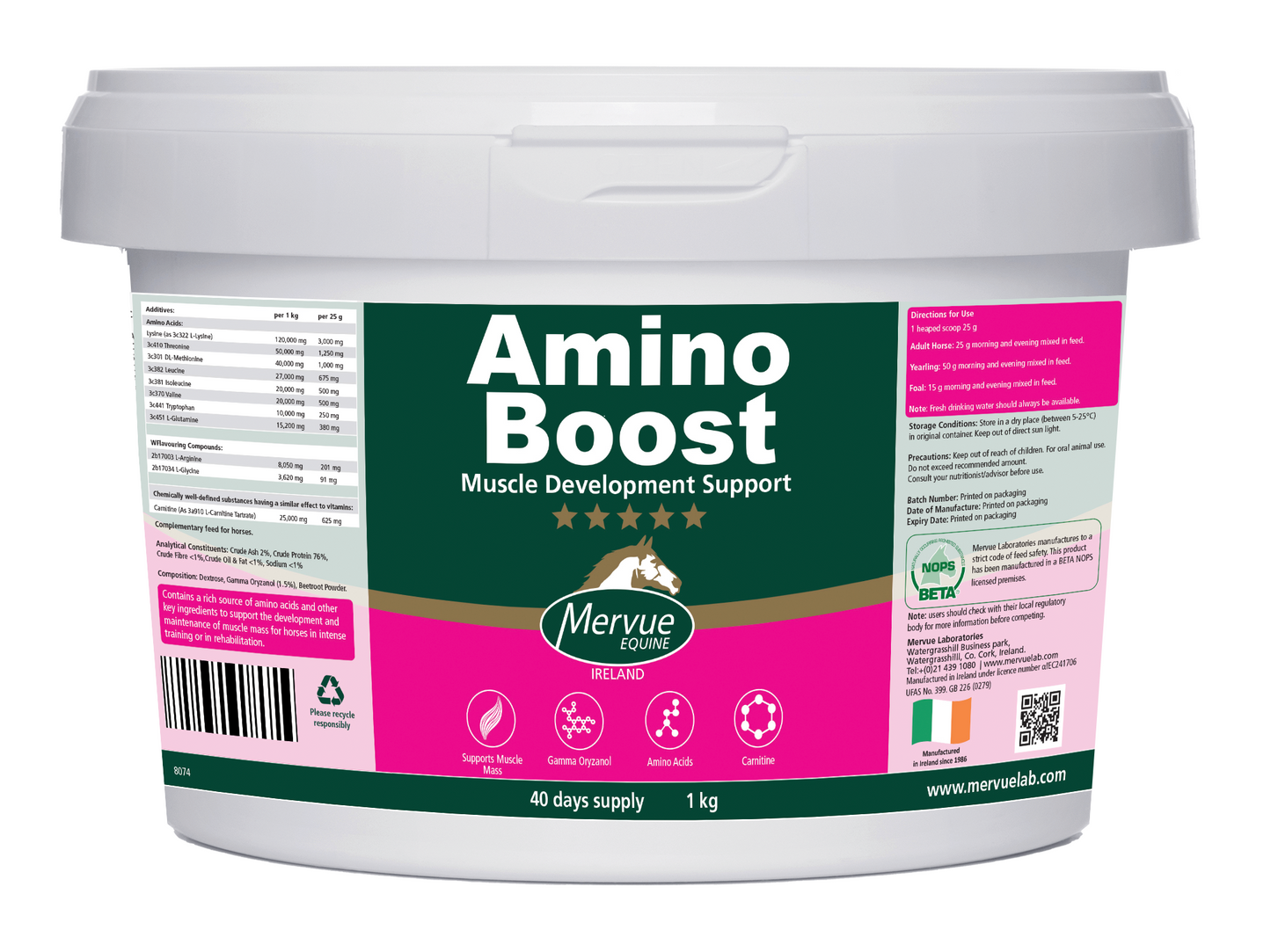 Amino Boost supplement container with Mervue logo on a white background
