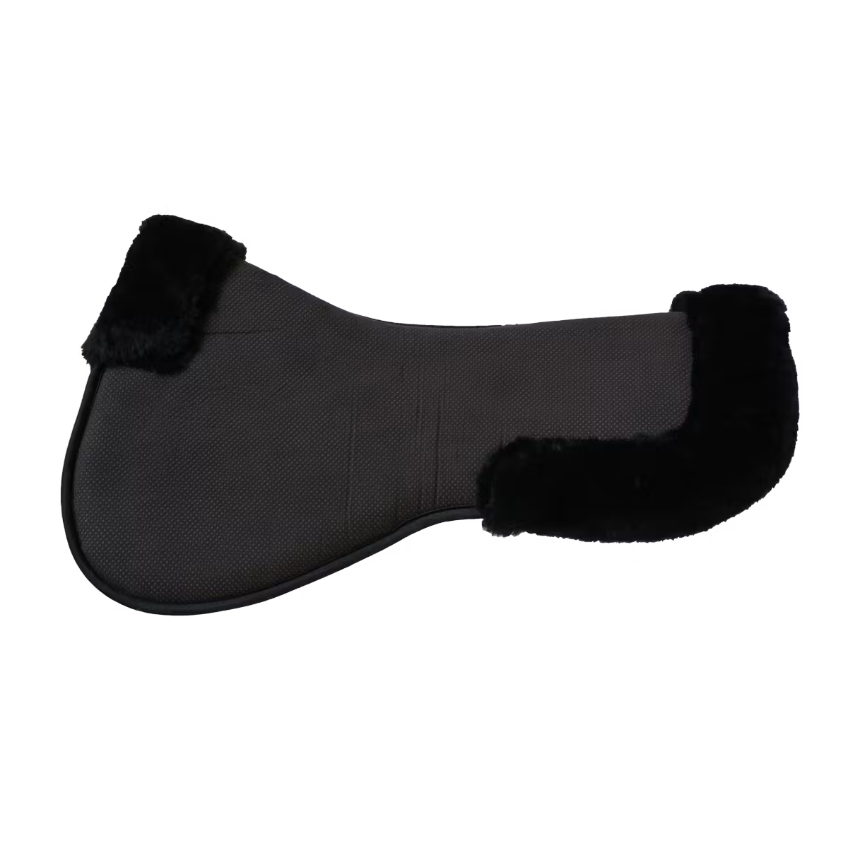 Black saddle pad with fur trim on a white background