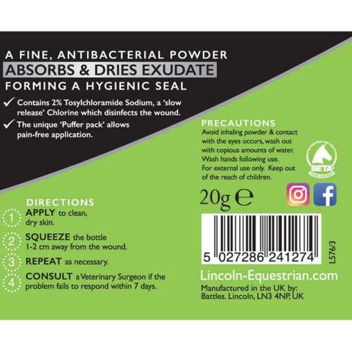 Back label of a powder product with green and black design, containing text and branding information.