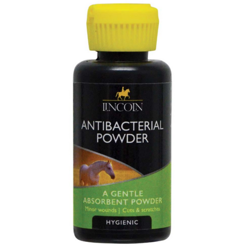 Lincoln antibacterial powder bottle with yellow cap on a white background