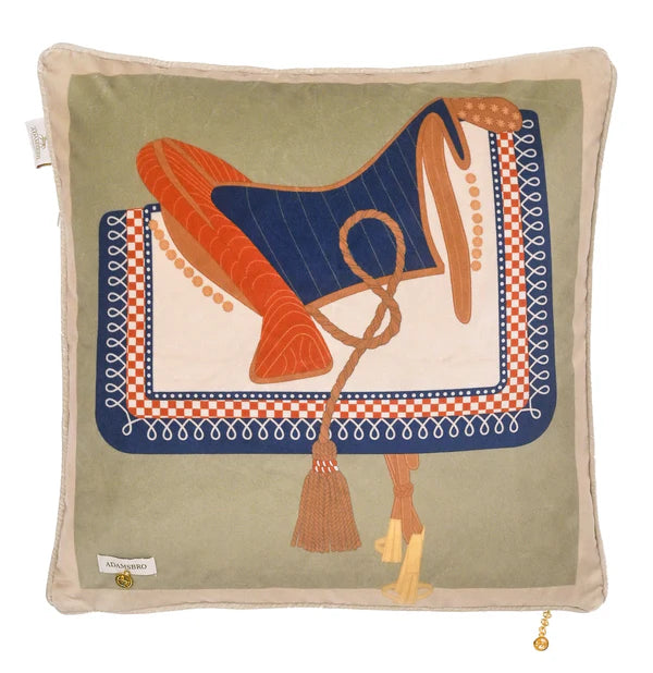 Green cushion with antique saddle design.