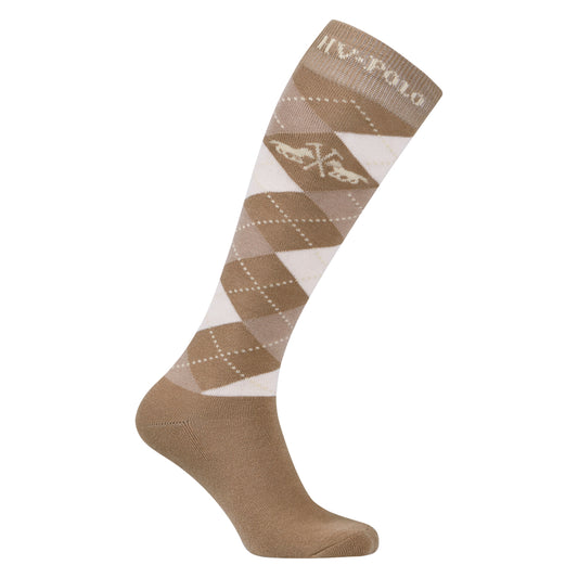 Brown and white argyle patterned sock with 'HV Polo' branding on a white background