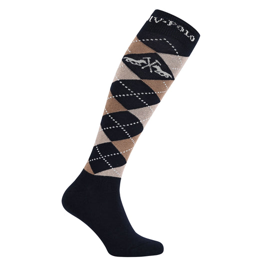 Knee-high sock with argyle pattern and brand logo on a white background