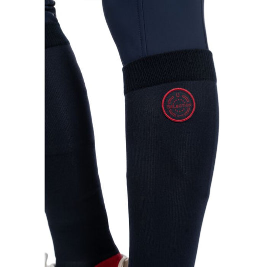 Navy socks with a red logo on a white background