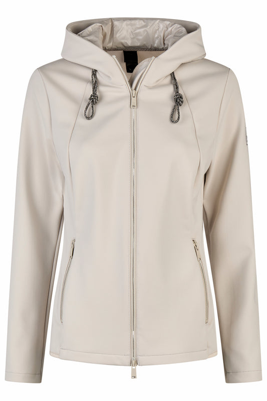 Beige hooded jacket with zippers on a white background