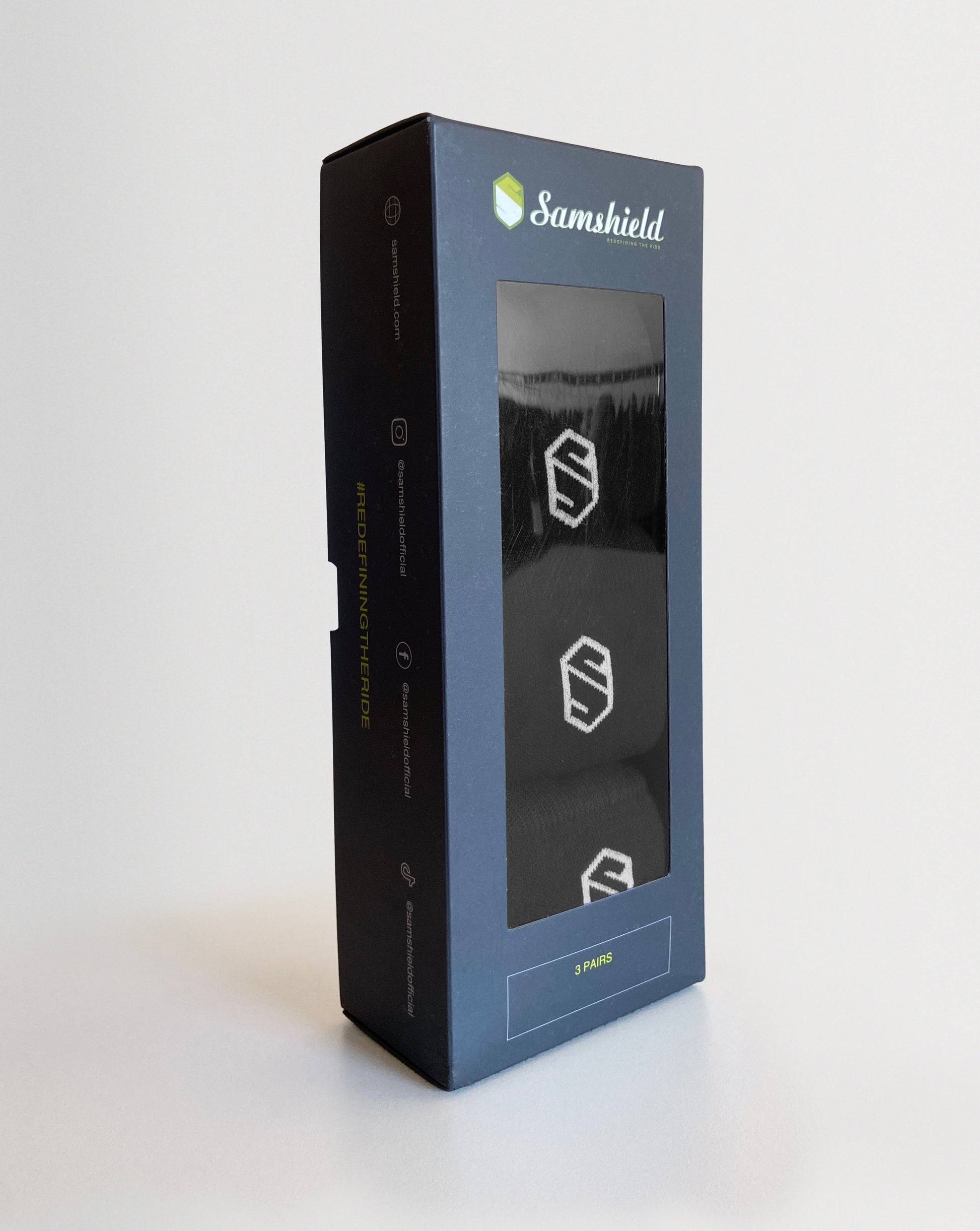 Samshield packaging box with reflective surface on a white background