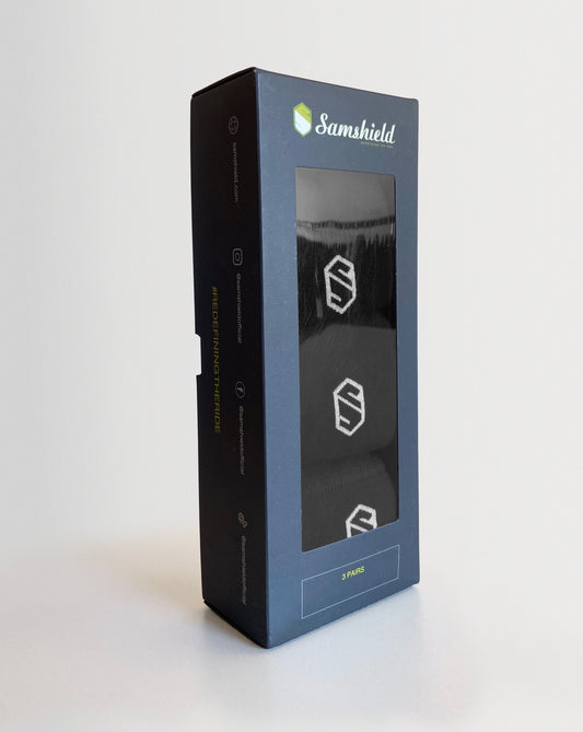Samshield packaging box with reflective surface on a white background