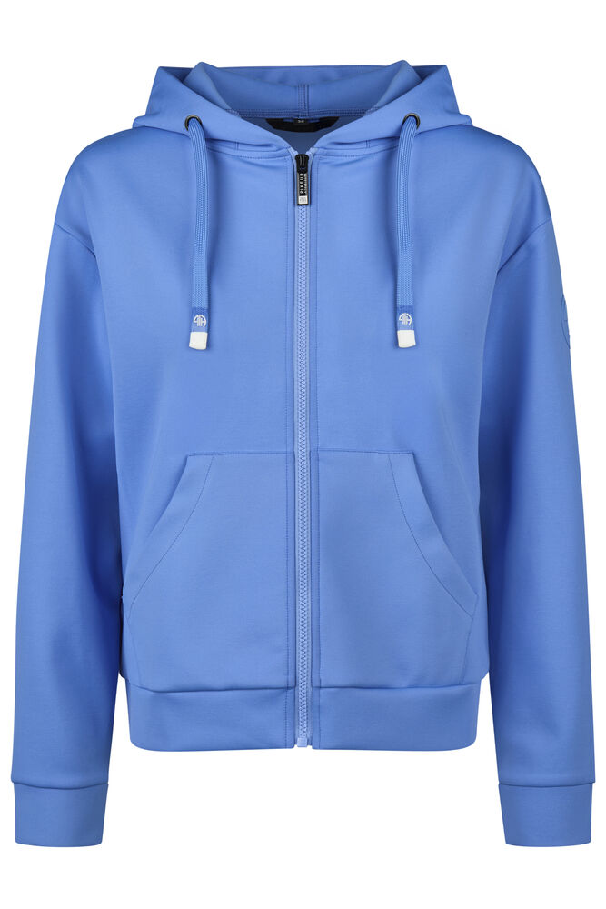 A light blue zip-up hoodie with a drawstring hood, kangaroo pockets, and silver-toned zipper hardware, shown against a plain white background.