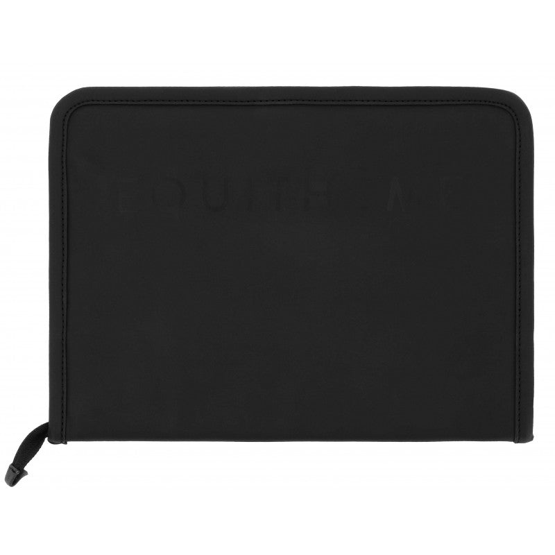 A black zippered pouch or document holder with a subtle embossed logo on the front, shown against a plain white background.