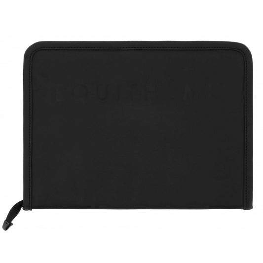 A black zippered pouch or document holder with a subtle embossed logo on the front, shown against a plain white background.