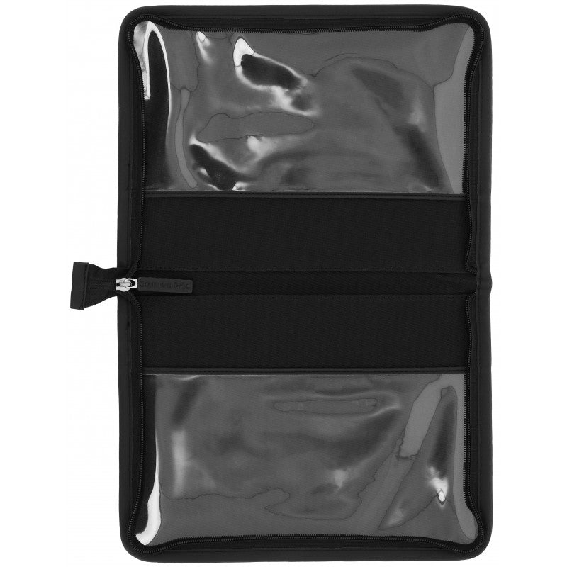 A black zippered travel document pouch with two clear plastic window sections, shown open against a white background.
