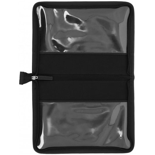 A black zippered travel document pouch with two clear plastic window sections, shown open against a white background.