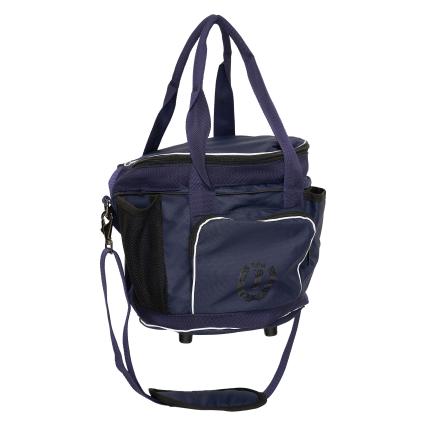 Navy blue bag with a strap on a white background