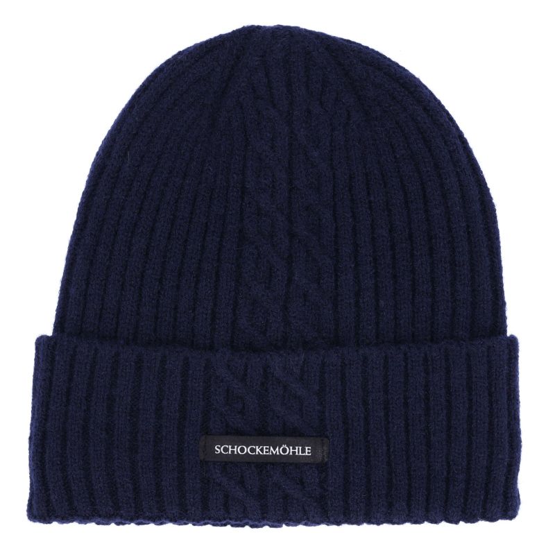 Navy blue knit beanie with a brand label on a white background