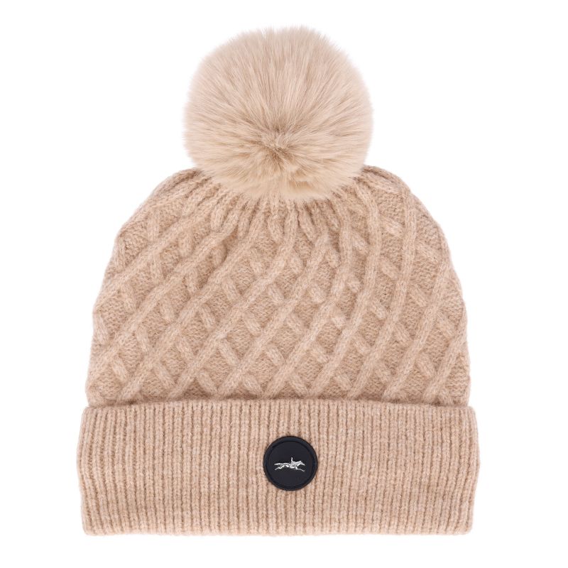 Soft beige knitted woolly hat on a white background