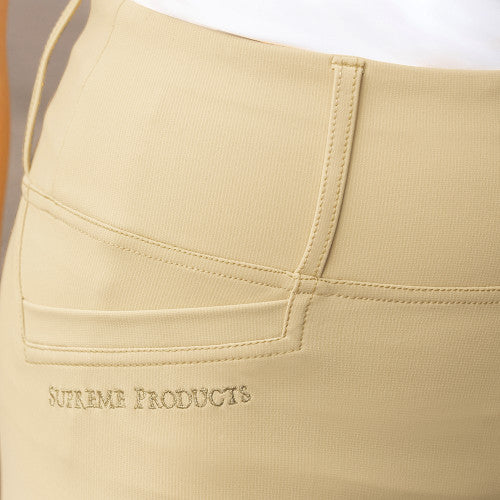 Beige pants with 'Supreme Products' branding on a white background