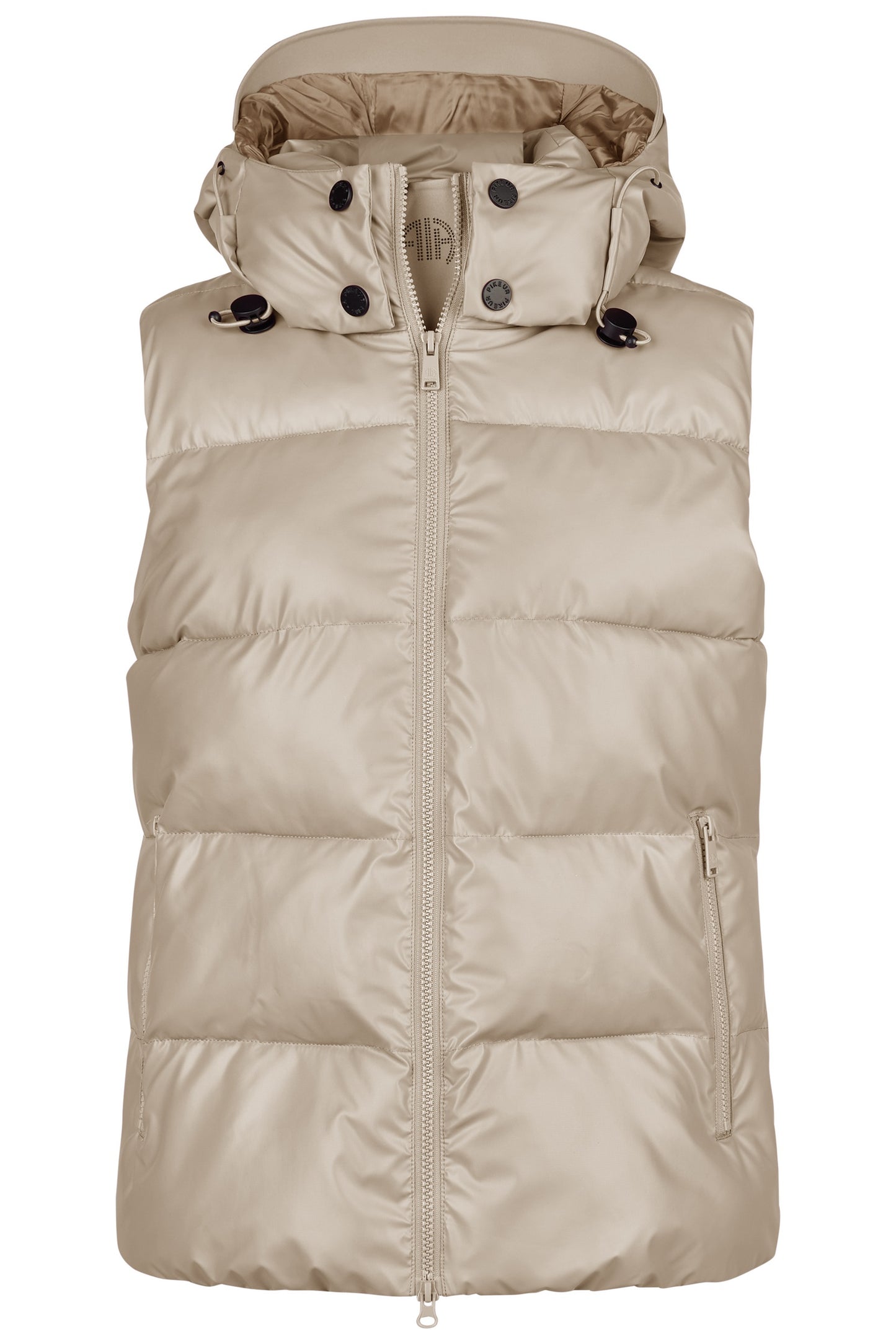 Beige puffer vest with a hood on a white background