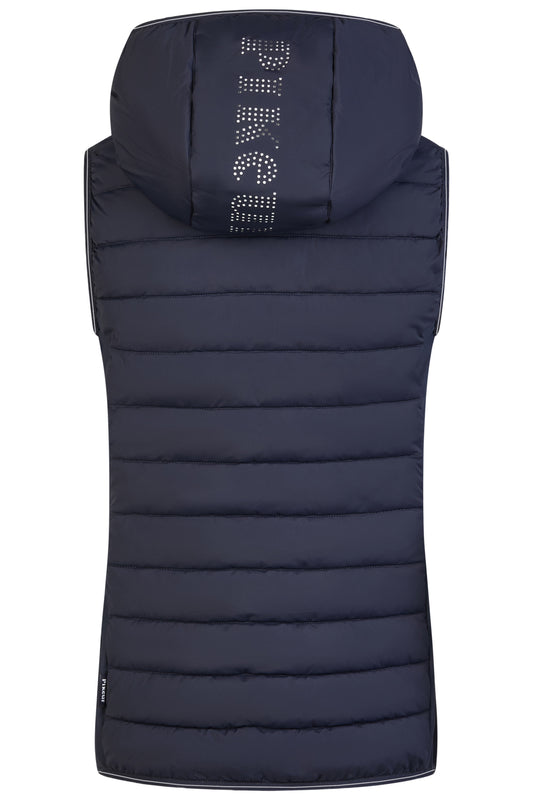 Navy blue puffer vest with brand logo on a white background