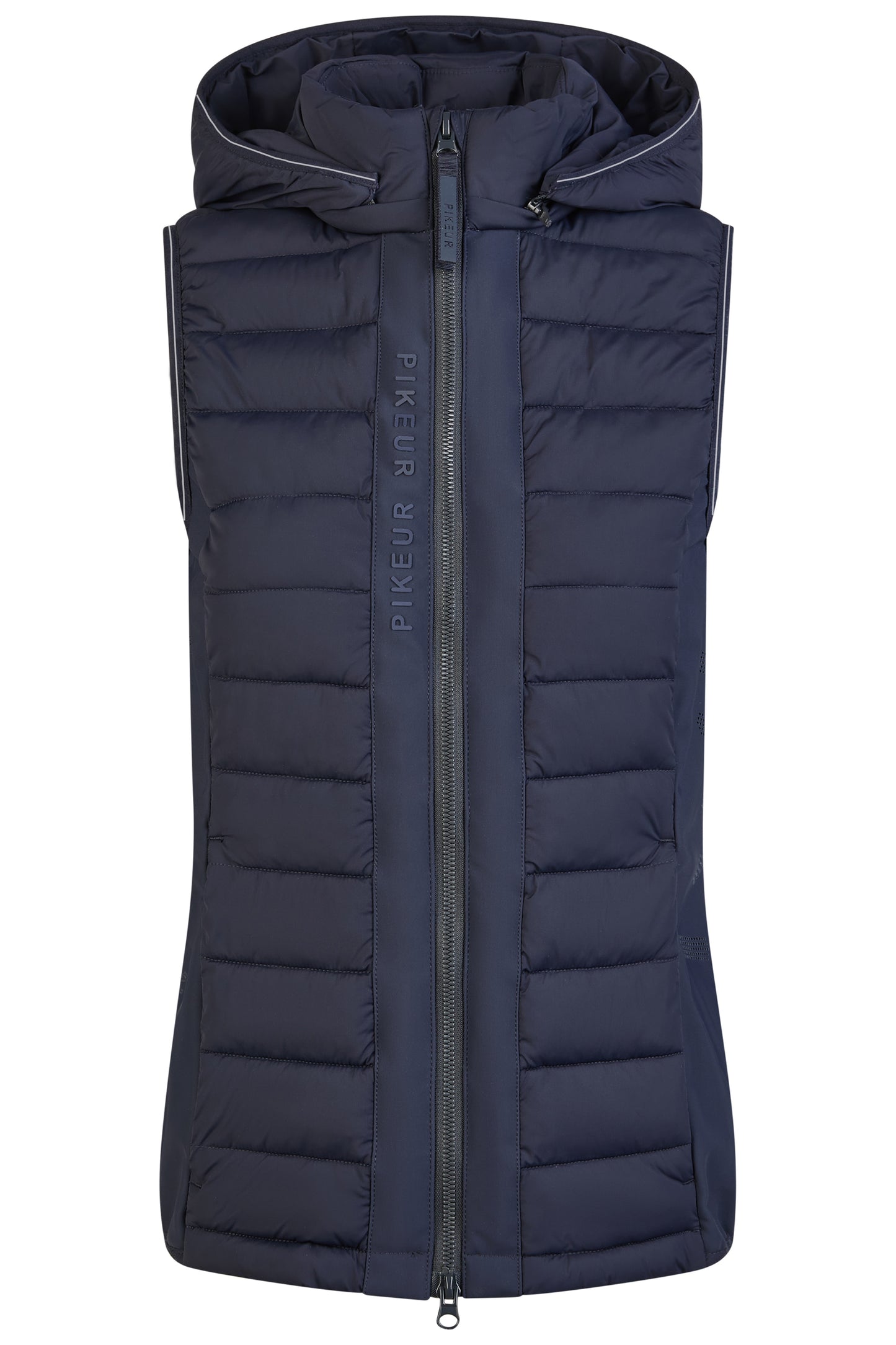 Navy blue puffer vest with a brand logo on a white background