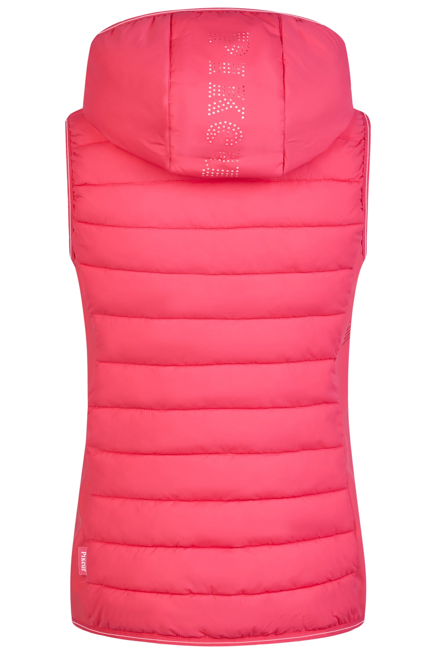 Pink puffer vest with a hood on a white background