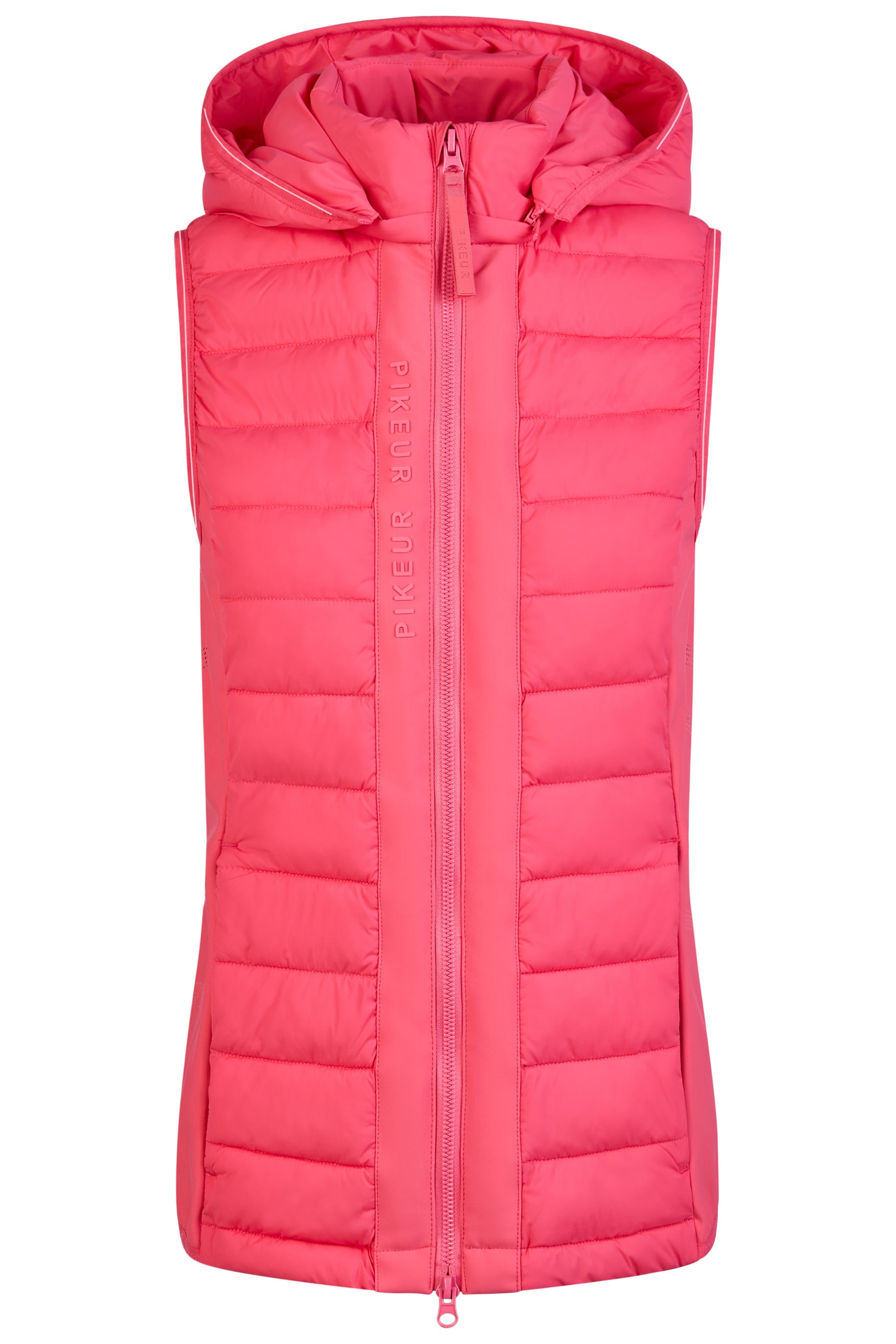 Pink puffer vest with a hood on a white background
