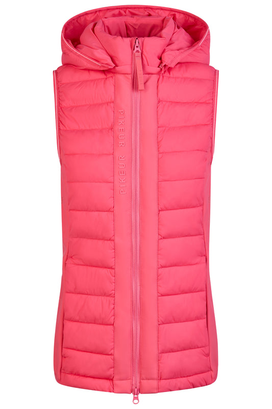 Pink puffer vest with a hood on a white background