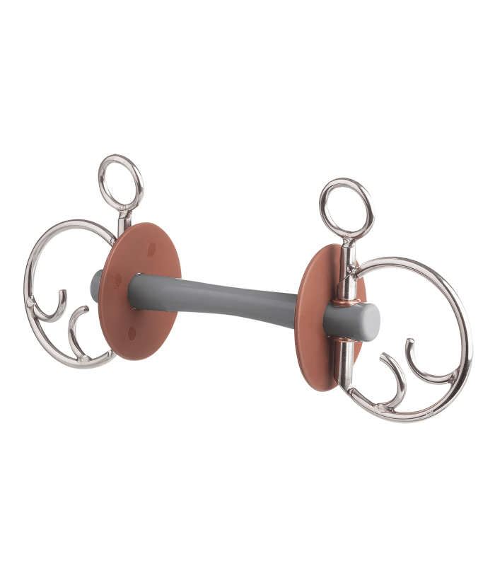 Horse bridle bit with brown leather and metal components on a white background