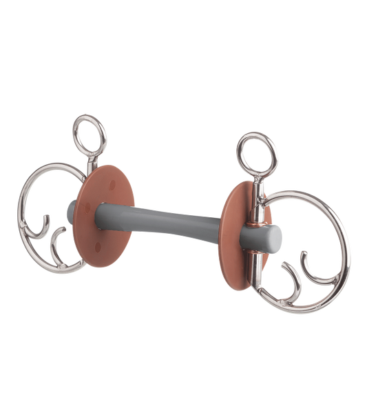 Horse bridle bit with brown leather and metal components on a white background