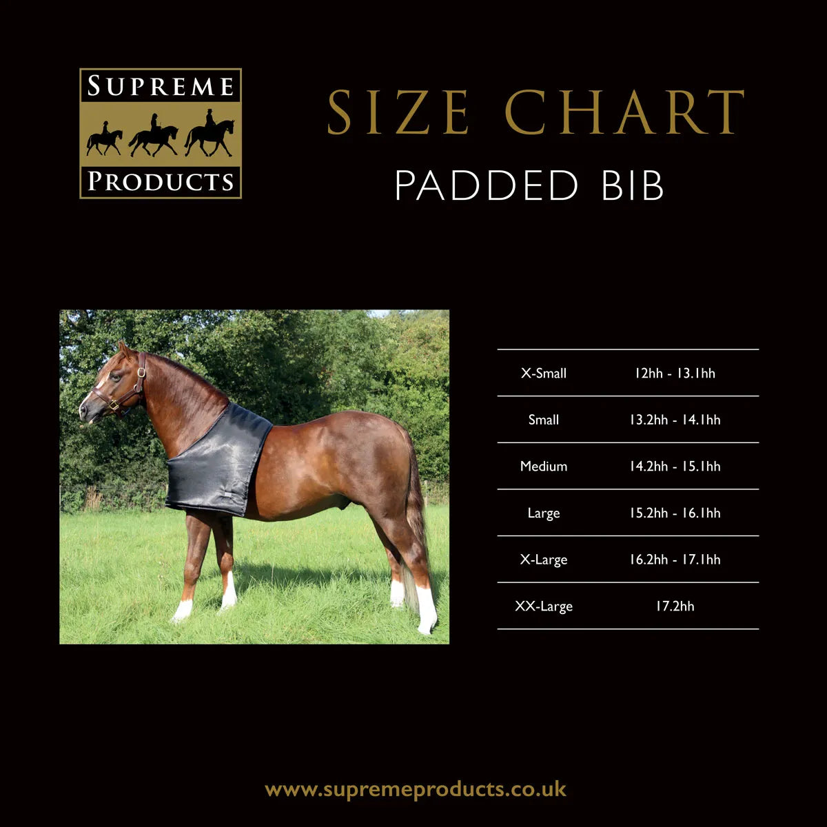Size chart for a padded bib on a horse with Supreme Products logo
